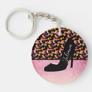 Porte-clés talon haut perle rose imprimé guépard