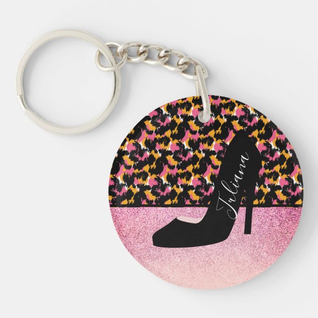 Porte-clés talon haut perle rose imprimé guépard (Devant)