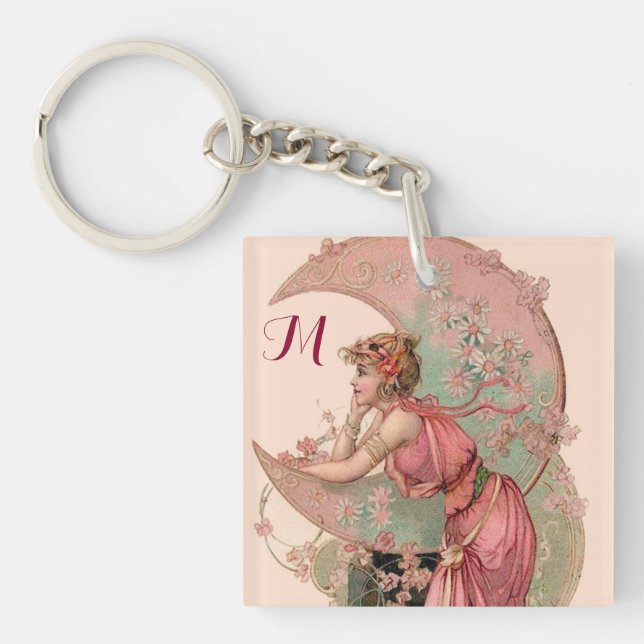 PORTE-CLÉS TAROTS / LUNE LADY, FLEURS EN ROSE, MONOGRAMME (Devant)