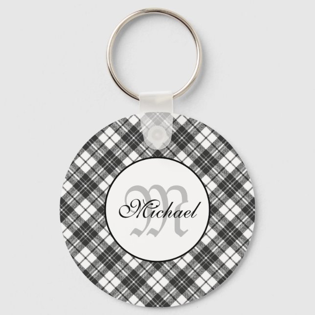 Porte-clés Tartan motif Noël noir blanc Monogramme (Recto)