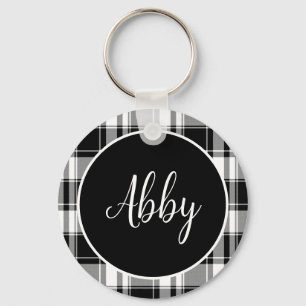 Porte-clés Tartan noir et blanc moderne Nom personnalisé