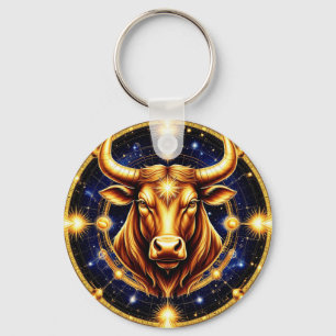 Porte-clés Taureau doré avec symbole du zodiaque cosmique