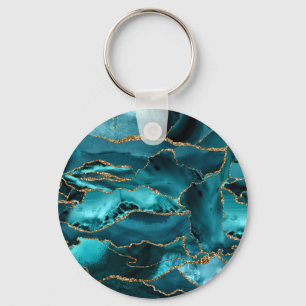 Porte-clés Teal Blue et Gold Glitter Agate