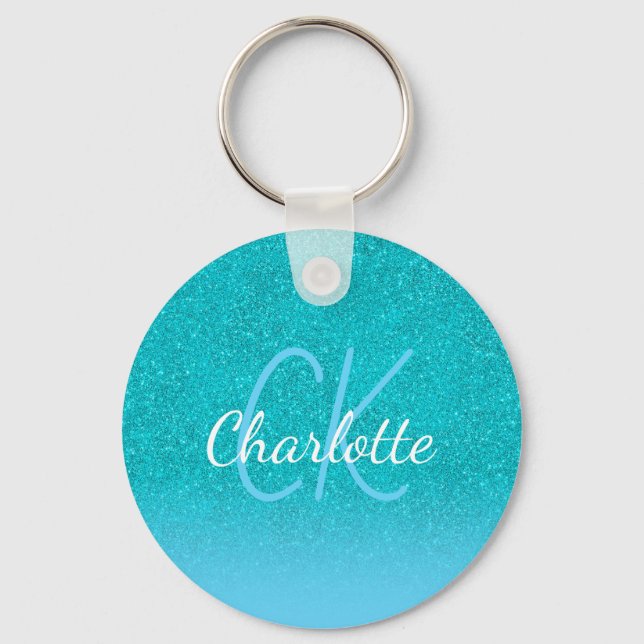 Porte-clés Teal blue glitter aqua green monogram initials (Recto)