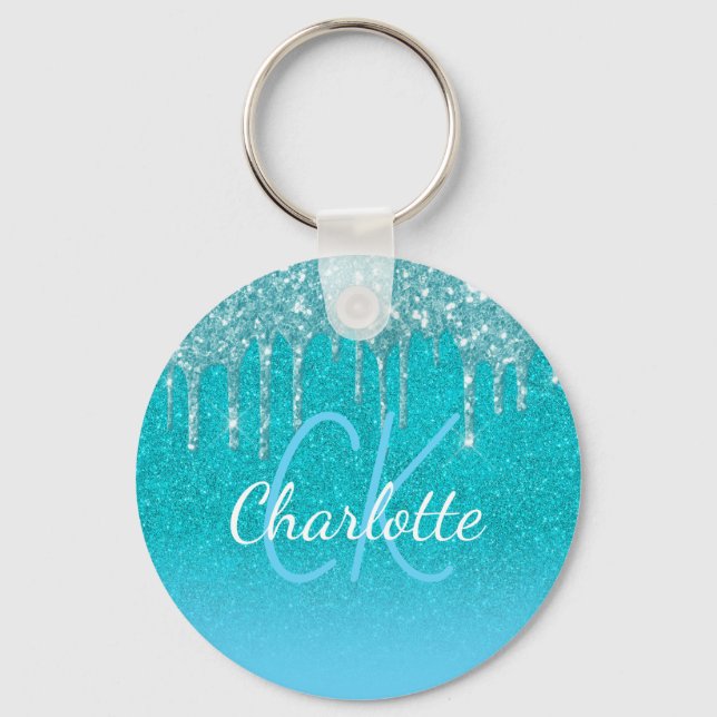 Porte-clés Teal blue glitter drips aqua green monogram  (Recto)