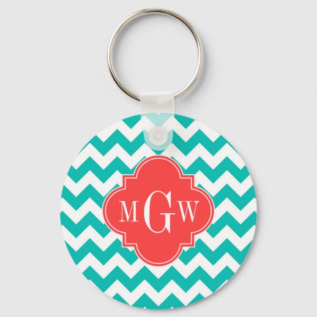 Porte-clés Teal White Chevron Coral Quatrefoil 3 monogram (Recto)