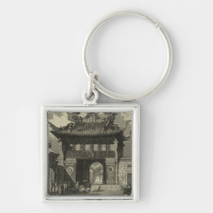 Porte-clés Temple impérial asiatique en noir et blanc