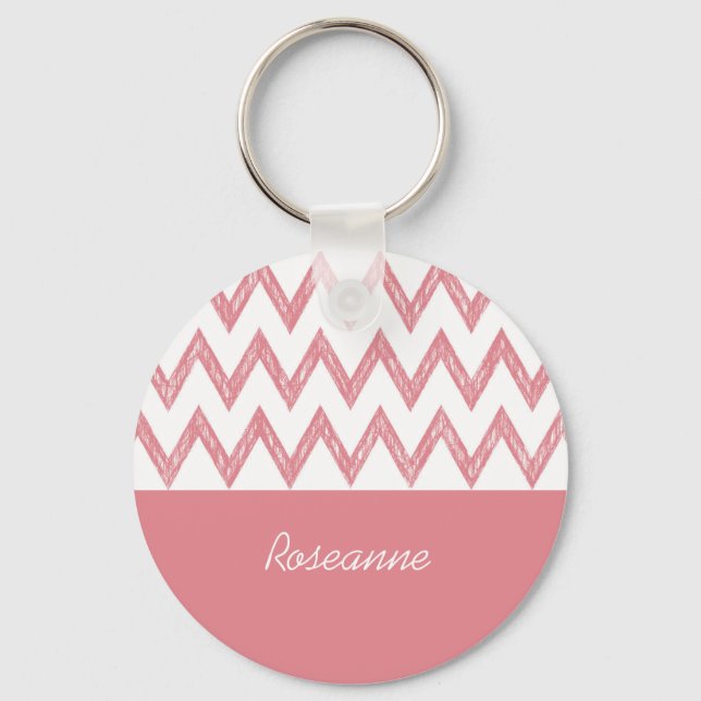 Porte-clés Tendance crayon rose Chevron Zigzags avec nom (Recto)