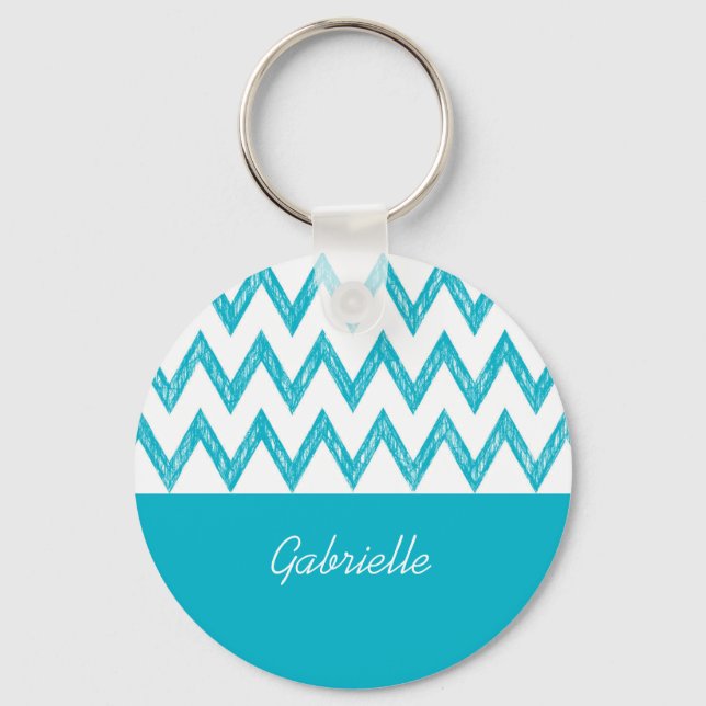 Porte-clés Tendance Crayon Turquoise Chevron Zigzags Avec Nom (Recto)