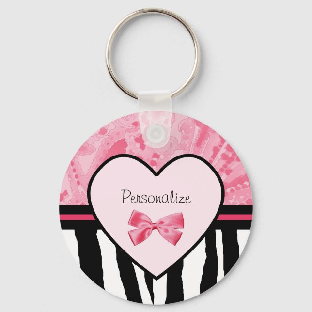 Porte-clés Tendance rose et noir Zèbre motif Bow et nom (Recto)