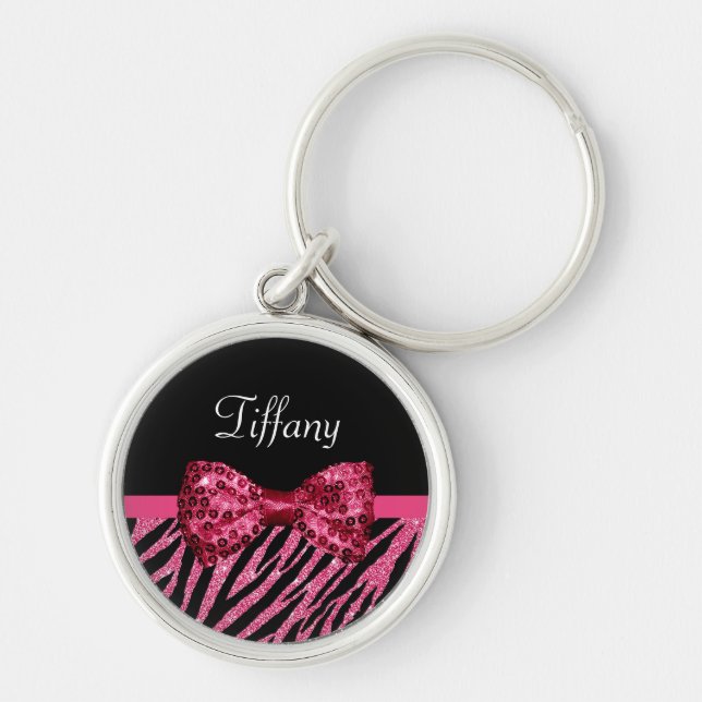 Porte-clés Tendance rose Zebra Print FAUX Glitz Bow avec nom (Devant)