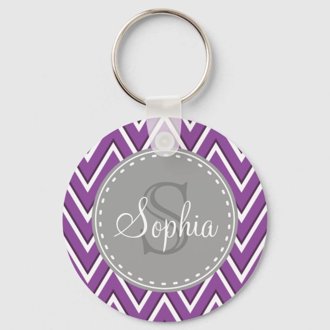 Porte-clés Tendance violet Chevron Motif gris Monogramme (Recto)