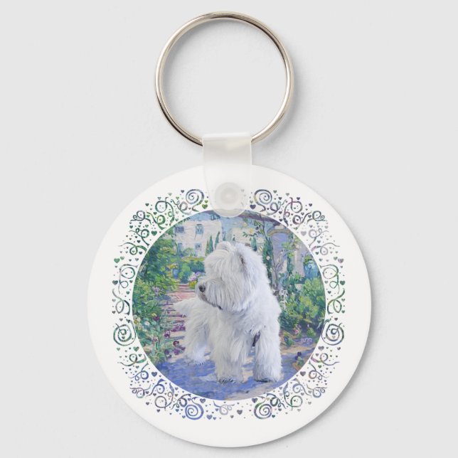 Porte-clés Terrier blanc de West Highland dans un jardin (Recto)
