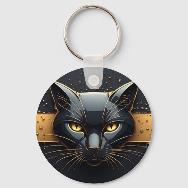 Porte-clés Tête de chat noir avec design à gouttes d'or 🐈 (Recto)