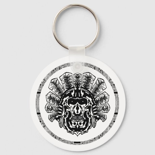 Porte-clés Tête de guerrier aztèque en cercle (Recto)