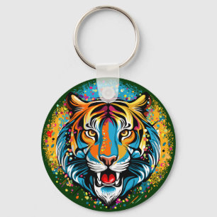 Porte-clés Tête de tigre couleurs arc-en-ciel peinture taches