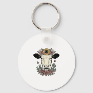Porte-clés Tête de vache florale dessin vintage gravure Desig