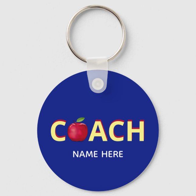 Porte-clés Texte de coach avec pomme rouge sur fond bleu (Recto)