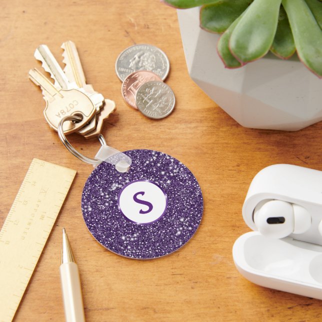 Porte-clés Texture de paillettes violettes fausses et monogra (Bureau)