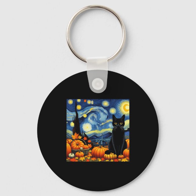 Porte-clés Thanksgiving Van Gogh Starry Night Black Cat Pumpk (Recto)