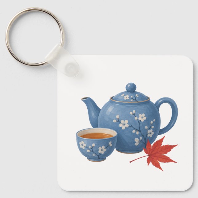 Porte-clés Théière et feuille d'érable d'automne (Recto)