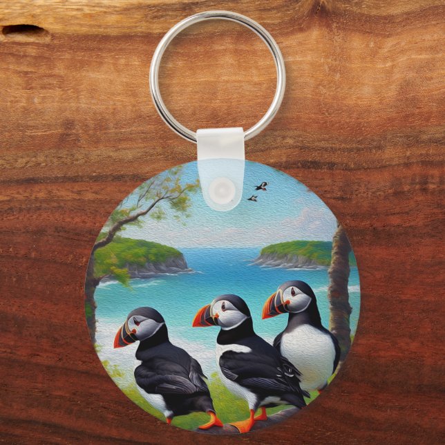 Porte-clés Three Puffin Birds Oil Paint, Keyring (Recto)