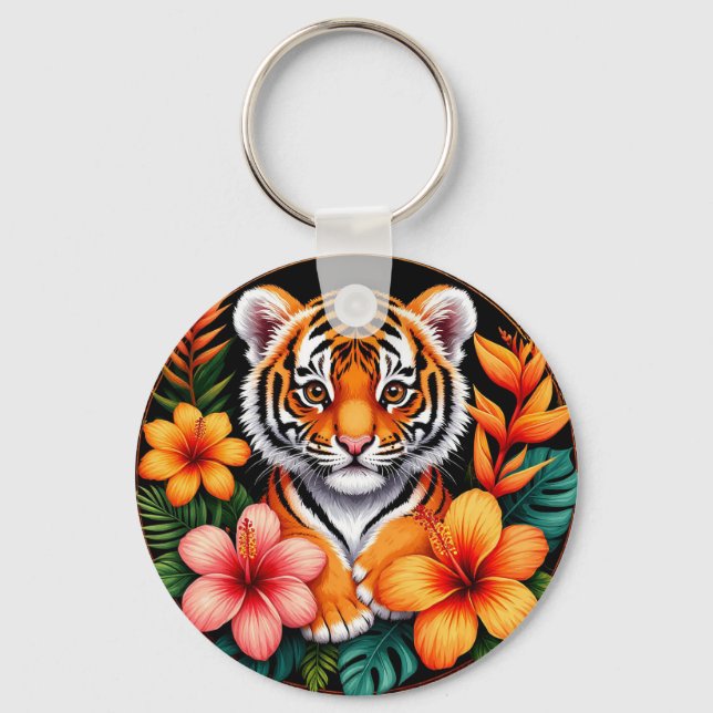 Porte-clés Tigre entouré de fleurs tropicales (Recto)