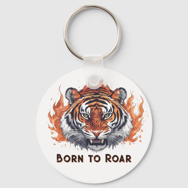 Porte-clés Tigre Féroce avec Flammes - Texte Personnalisable (Recto)
