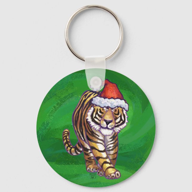 Porte-clés Tigre mignon à Santa Chapeau en vert (Recto)