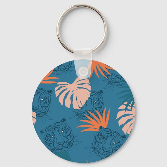 Porte-clés Tigres tropicaux Feuilles Bleu profond (Recto)