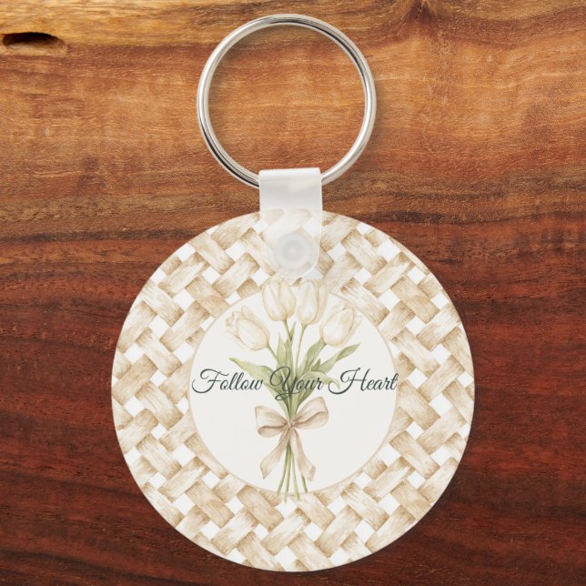 Porte-clés Tissage Panier Faux Blanc Crème (Recto)