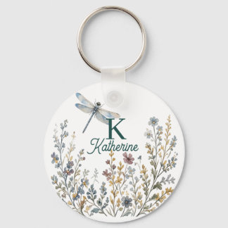Porte-clés Toile Botanique Fleur Sauvage Libellule Monogramme