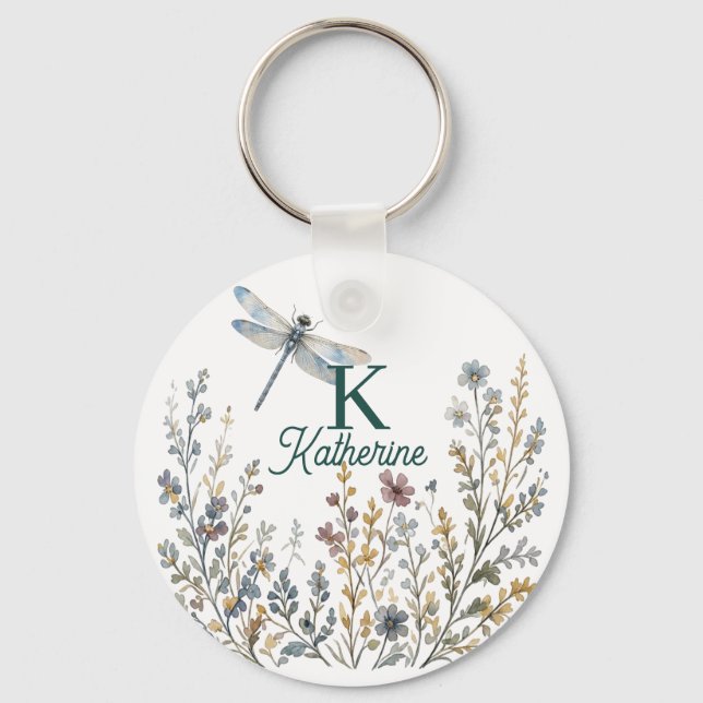 Porte-clés Toile Botanique Fleur Sauvage Libellule Monogramme (Recto)