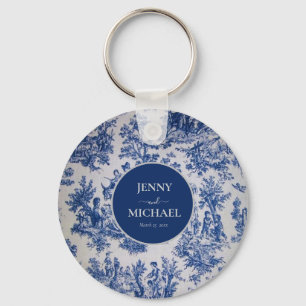 Porte-clés Toile de Jouy Bleu Blanc Elégant Mariage