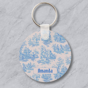 Porte-clés Toile de Jouy florale bleue turquoise vintage mono