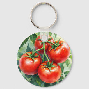 Porte-clés Tomate Mûre sur la Vigne Aquarelle Fraîche