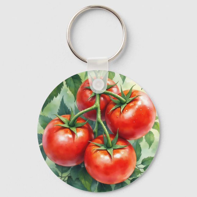 Porte-clés Tomate Mûre sur la Vigne Aquarelle Fraîche (Recto)