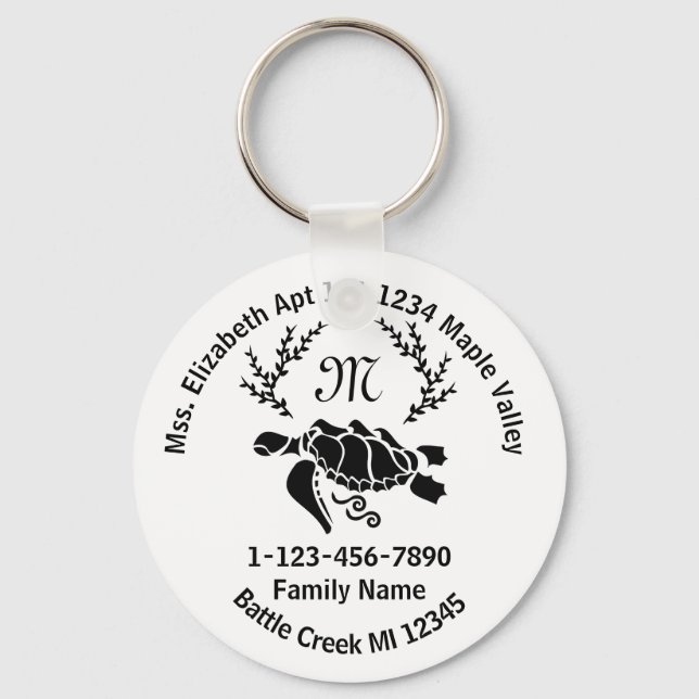 Porte-clés Tortue de mer perdue Monogramme Famille Adresse (Recto)