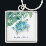 Porte-clés Tortue de mer tropicale Porte - clés personnalisab<br><div class="desc">Ajoutez une touche de charme tropical à ces porte - clés personnalisables, avec votre nom monogramme personnalisé en bleu marine et une bordure supérieure vibrante de tortue marine et de feuilles de palmiers monstères de Victoria Grigaliunas. Parfaits pour des cadeaux pour elle, ces porte - clés modèles sont un accessoire...</div>
