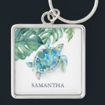 Porte-clés Tortue de mer tropicale Porte - clés personnalisab<br><div class="desc">Ajoutez une touche de charme tropical à ces porte - clés personnalisables, avec votre nom monogramme personnalisé en bleu marine et une bordure supérieure vibrante de tortue marine et de feuilles de palmiers monstères de Victoria Grigaliunas. Parfaits pour des cadeaux pour elle, ces porte - clés modèles sont un accessoire...</div>