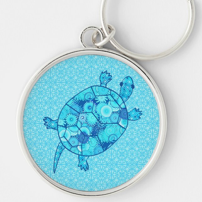 Porte-clés Tortue de remous de fractale - bleu de cobalt et (Devant)