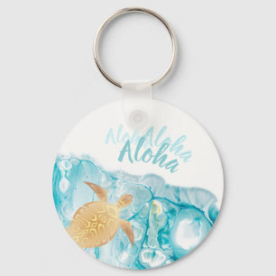 Porte-clés Tortues dorées Texte Aloha encre bleue