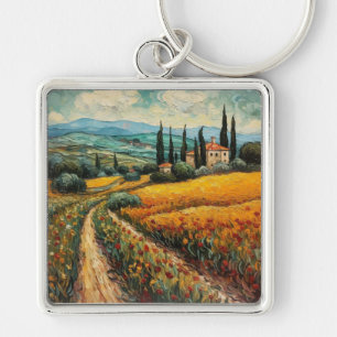 Porte-clés Toscane dorée Paysage de campagne aux fleurs sauva