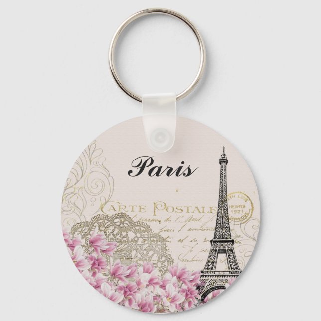 Porte-clés Tour Eiffel Vintage Fleurs roses (Recto)