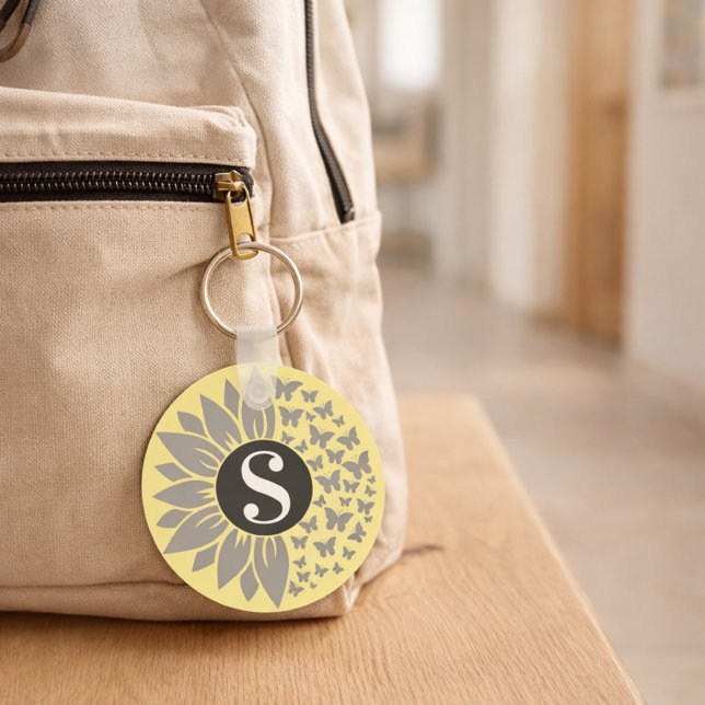Porte-clés tournesol et papillon avec monogramme e (Créateur téléchargé)