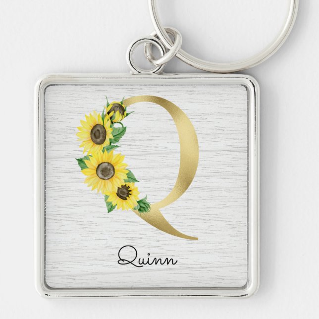 Porte-clés Tournesol Floral Initiale Q Or Monogrammé (Devant)