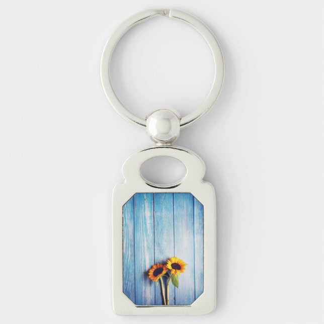 Porte-clés Tournesol sur Mur en Bois Bleu (Devant)