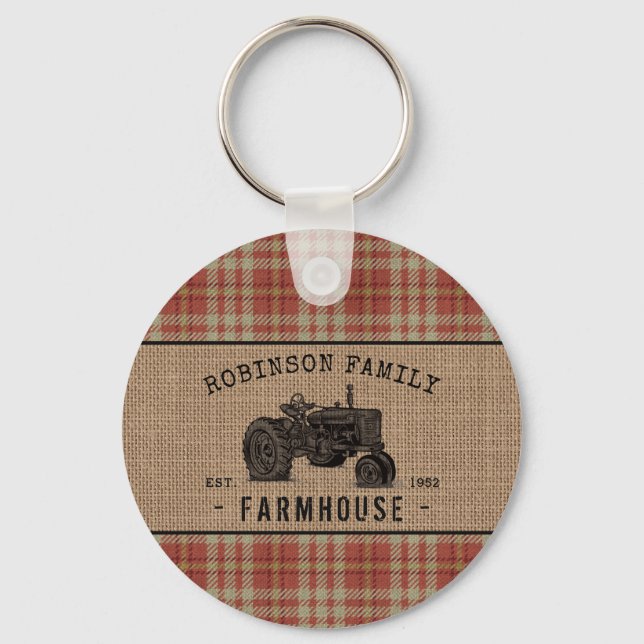 Porte-clés Tracteur agricole famille Rouge Plaid Burlap Round (Recto)