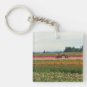 Porte-clés Tracteur rose en champ de tulipe