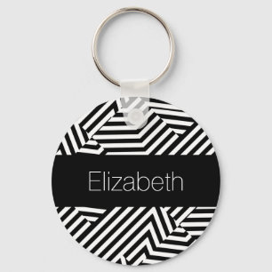 Porte-clés Trendy Black and White Geometry Stripes avec nom
